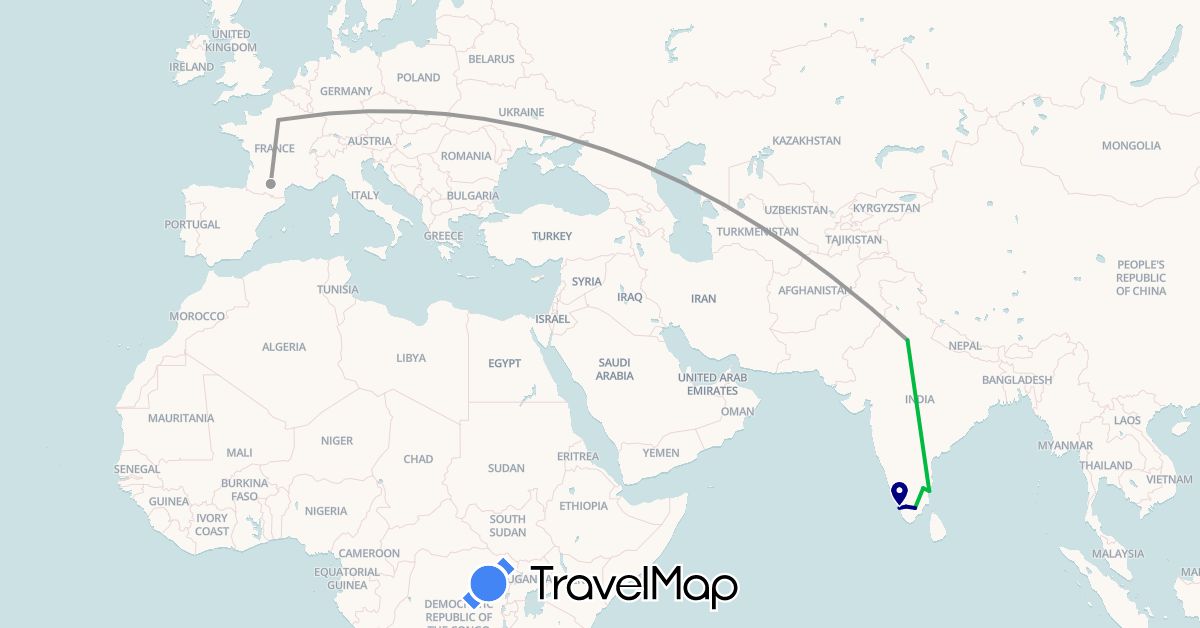 TravelMap itinerary: driving, bus, plane in France, India (Asia, Europe)